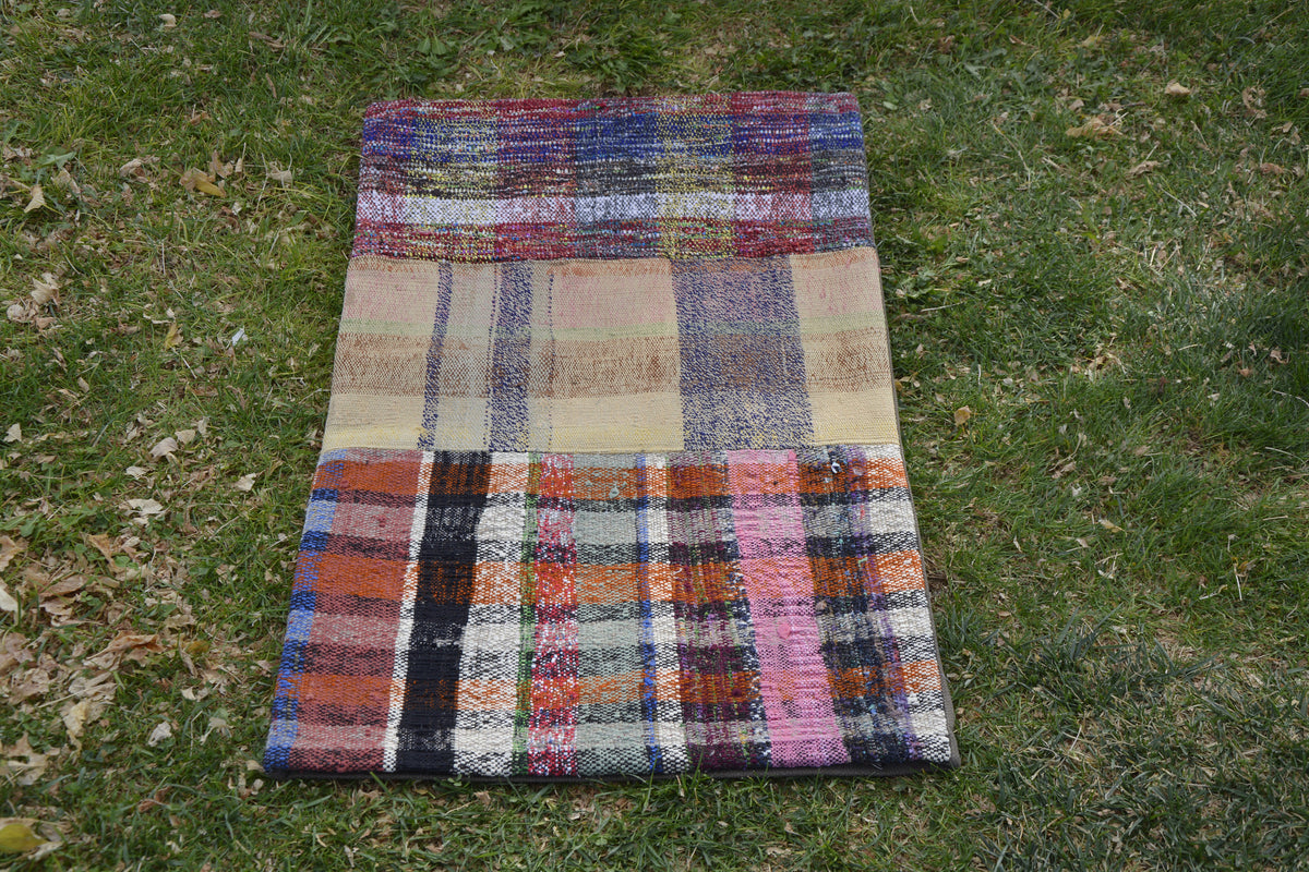 Patchwork Turkish Oriental Kilim Bag, Old Kilim Pouf, Tribal Pouf, Ethnic Pouf, Turkey Cushion Pillow,       1.8 x 3.1 Feet LQ497