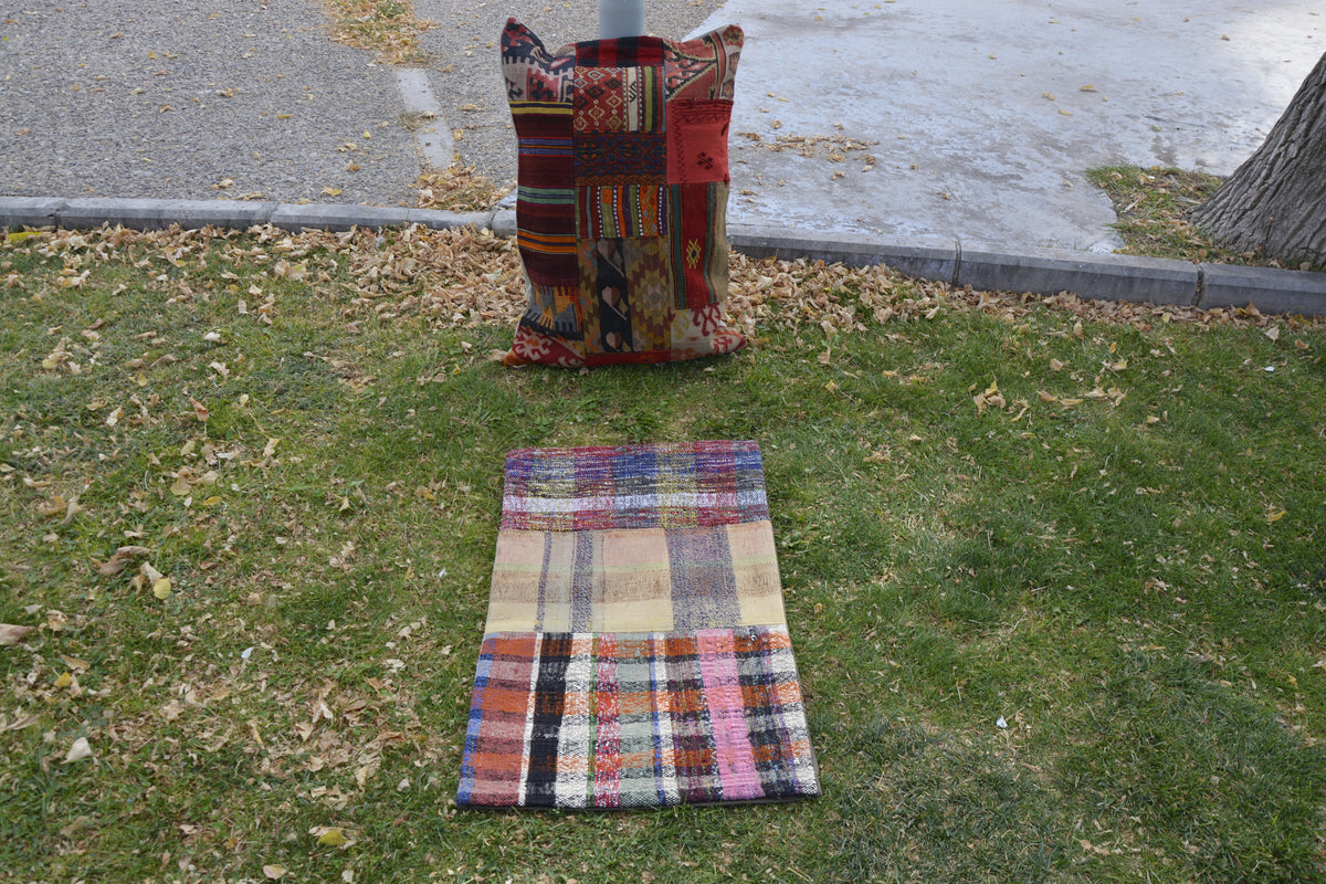 Patchwork Turkish Oriental Kilim Bag, Old Kilim Pouf, Tribal Pouf, Ethnic Pouf, Turkey Cushion Pillow,       1.8 x 3.1 Feet LQ497
